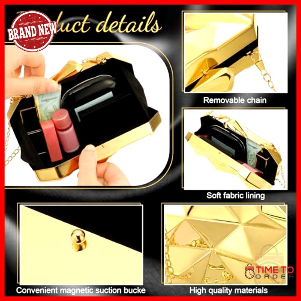 Gold Acrylic Clutch Purse Jewelry Set with Bracelet Necklace Earrings - Picture 4 of 7